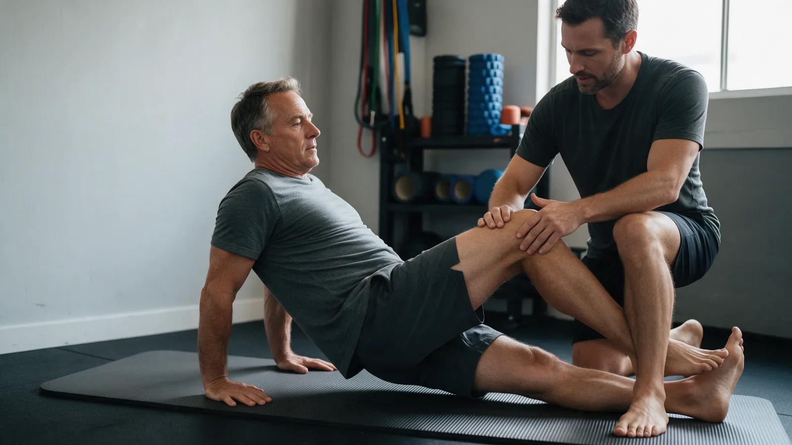 A man in his fifties doing a hip mobility stretch on a mat in a quiet studio while a coach guides his knee