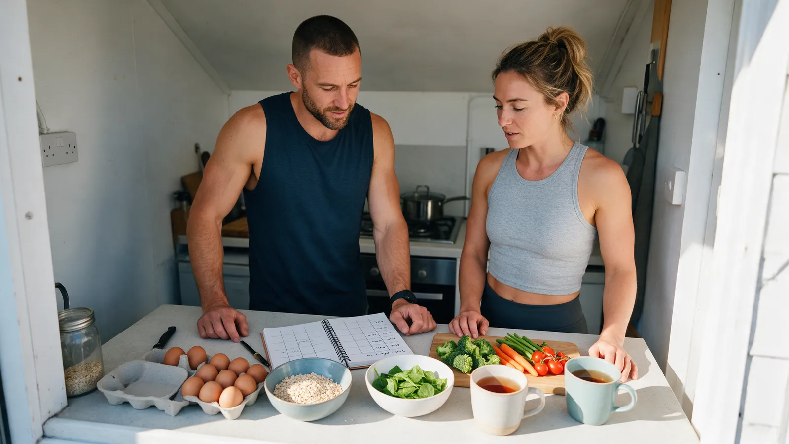 A coach and a client at a studio kitchen counter with eggs, oats and vegetables laid out beside a notebook and two mugs of tea