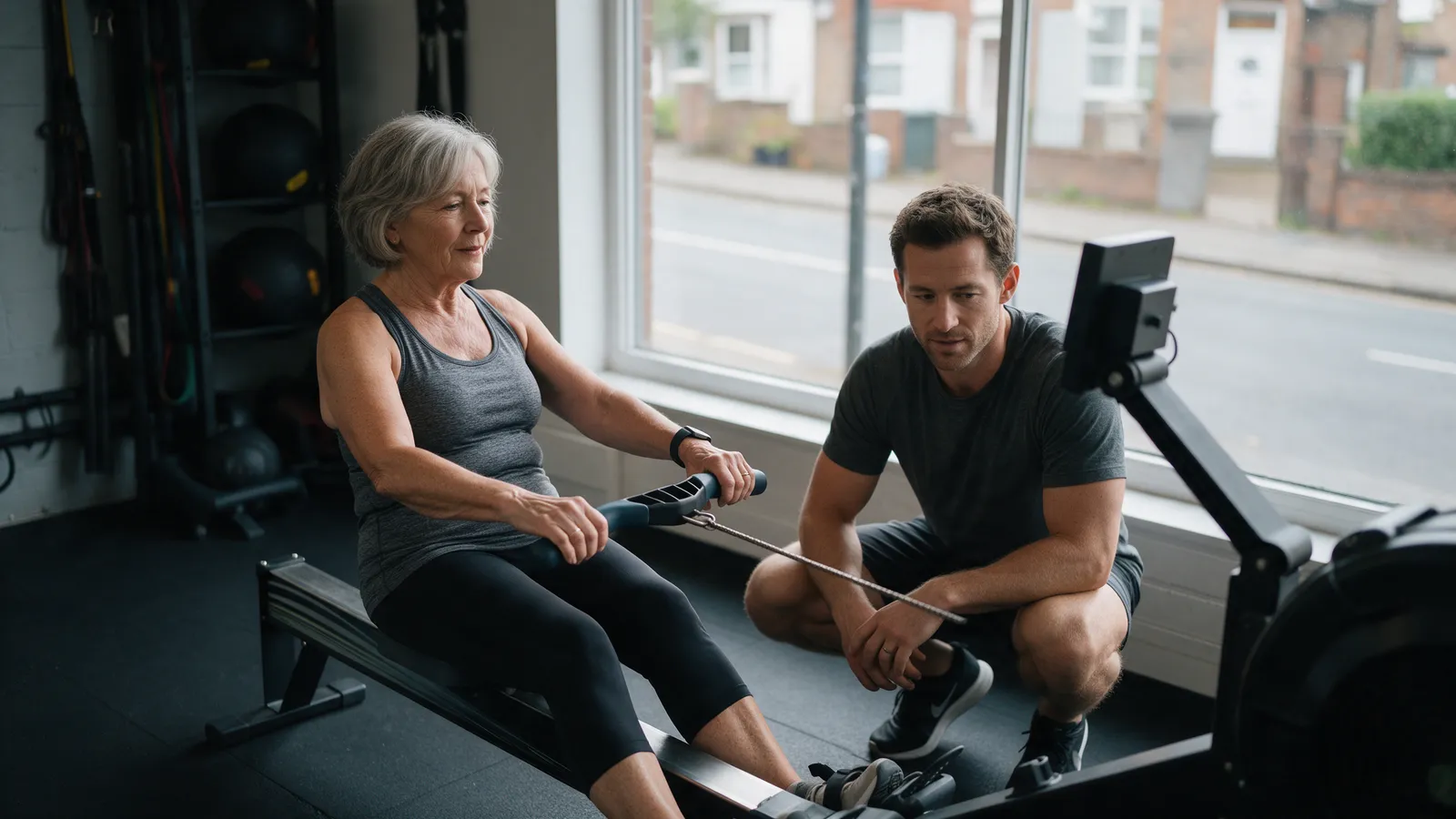 A client in her sixties on a rowing machine in a private studio with the coach crouched beside her reading the screen