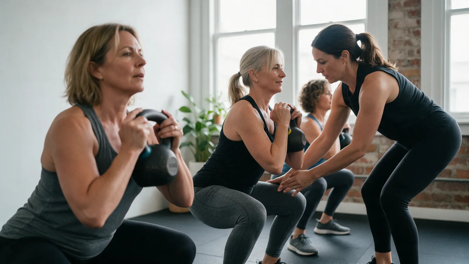 Three women in their forties and fifties doing goblet squats with kettlebells in a small bright studio while a coach adjusts one woman's stance