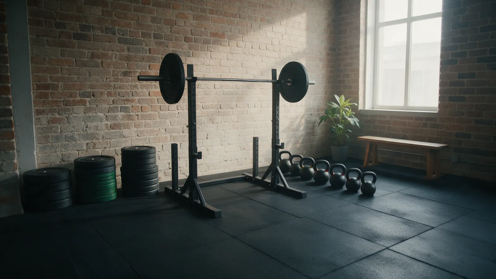 A small private strength studio, empty: a single squat rack with a barbell, stacked plates, a row of kettlebells and a plant by a tall window