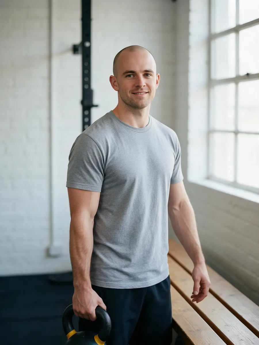 Ioan Reynolds, a strength coach in his early thirties with a shaved head in a plain grey T-shirt, holding a kettlebell beside a wooden bench in a bright brick-walled studio