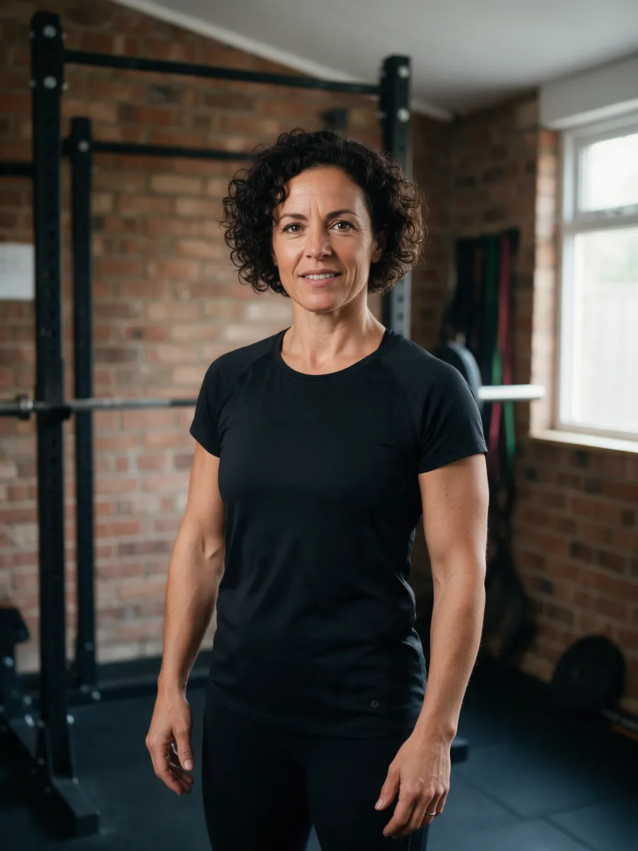 Mari Thomas, a woman coach in her mid-forties with short dark curly hair in a plain black training top, standing in front of a squat rack in a small brick-walled studio