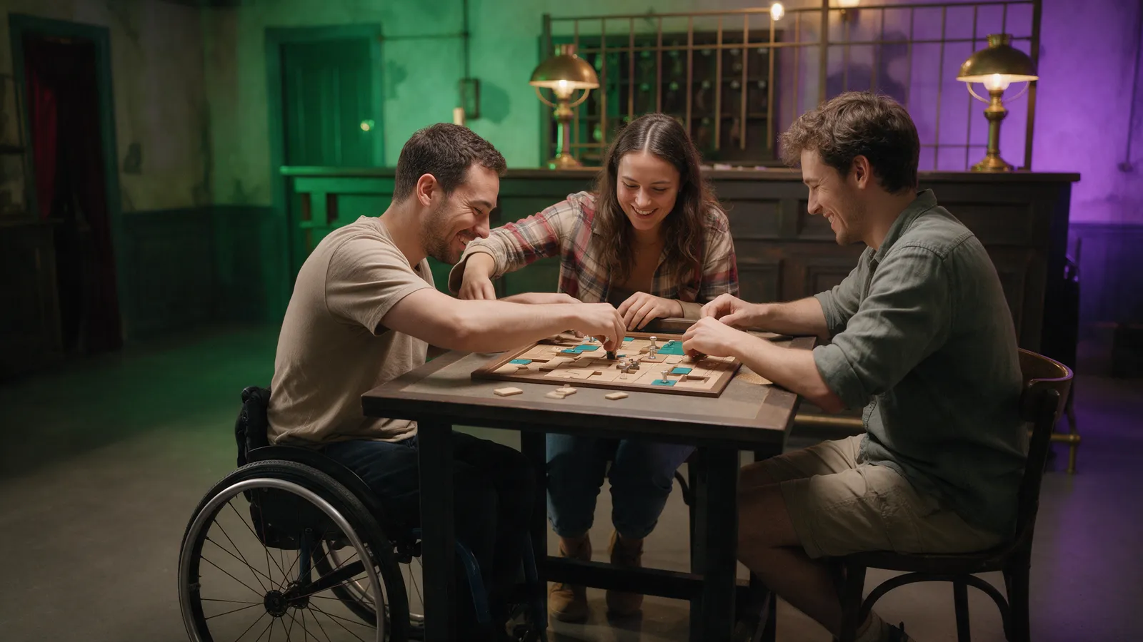 A player in a wheelchair and two friends working together at a puzzle table at seated height inside an escape room