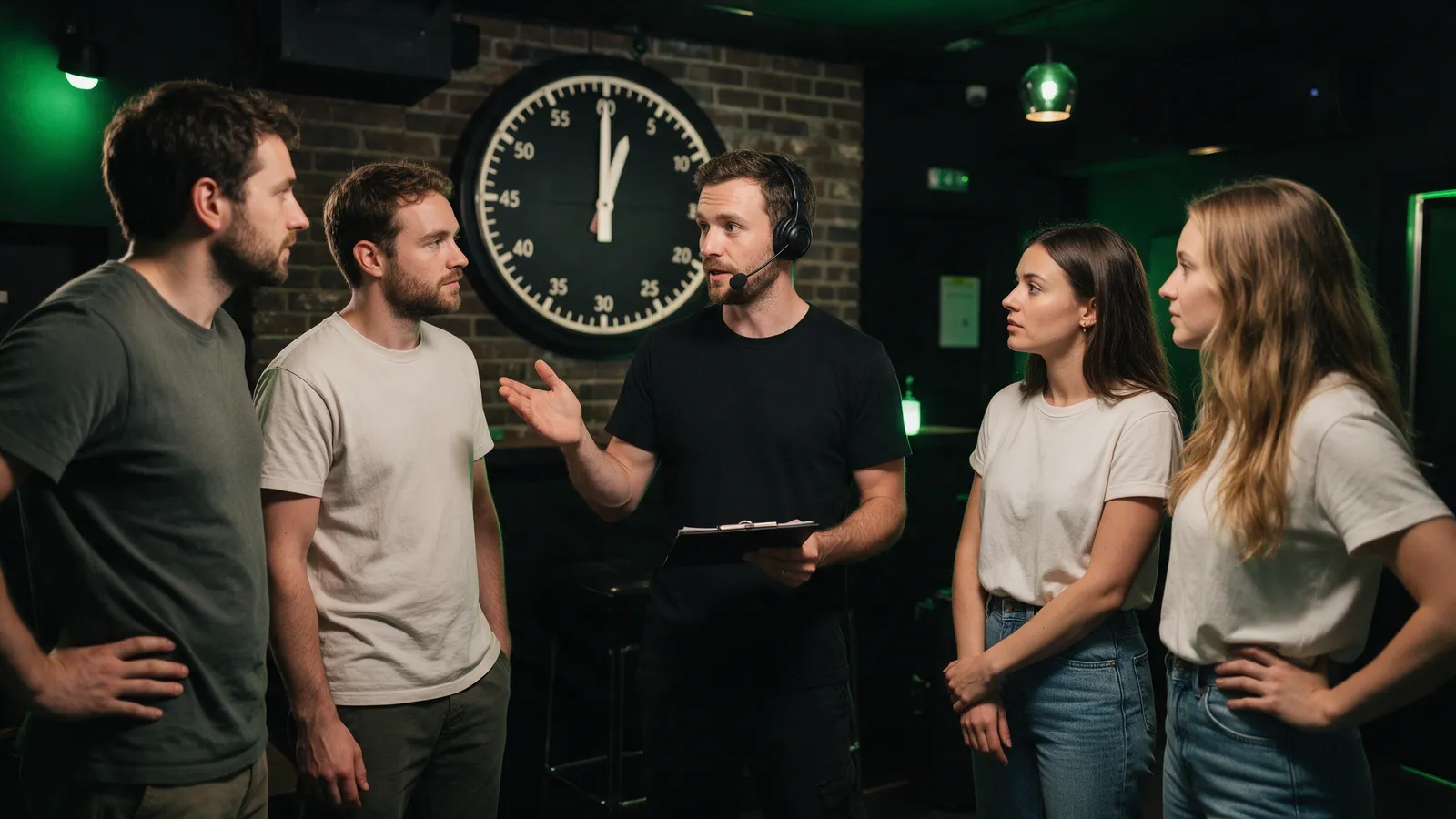 A game master in a headset briefing four players in a dark lobby with exposed brick and a large wall clock