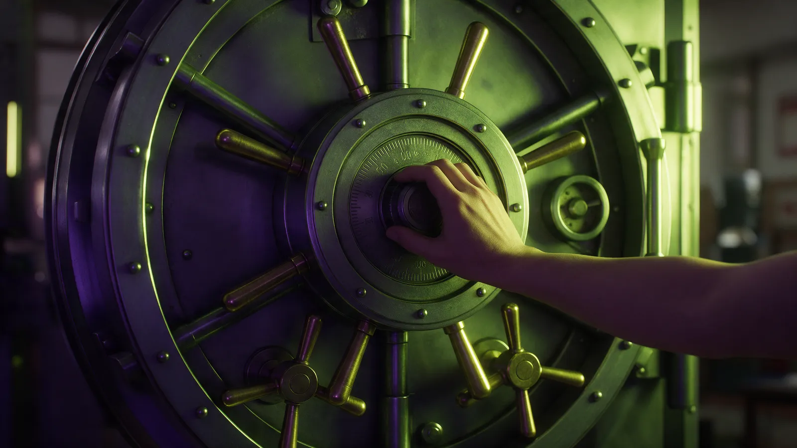 A hand turning the combination dial of a heavy round steel vault door, green rim light and violet shadows