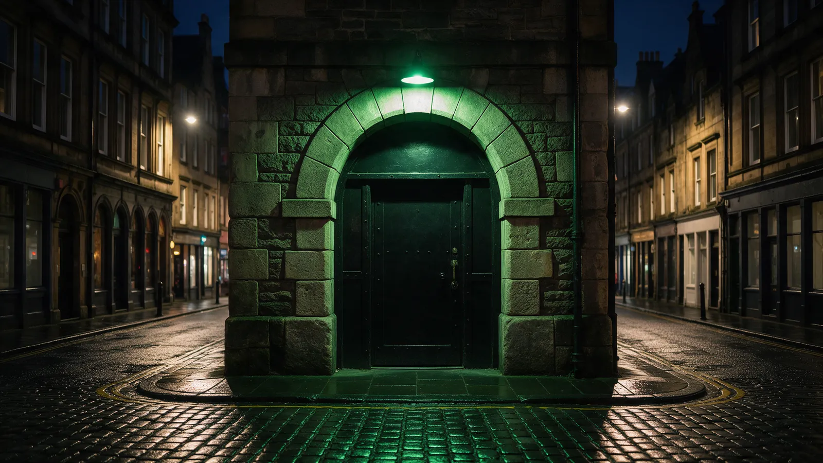 A black door under a stone arch lit by a green lamp on a narrow city-centre street of Victorian buildings at night, wet cobbles