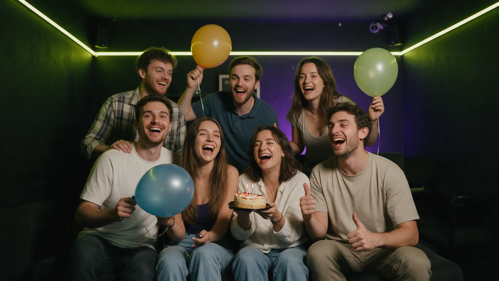 A birthday group of six friends posing with balloons and a cake in a lounge with green neon strip lighting after an escape room game