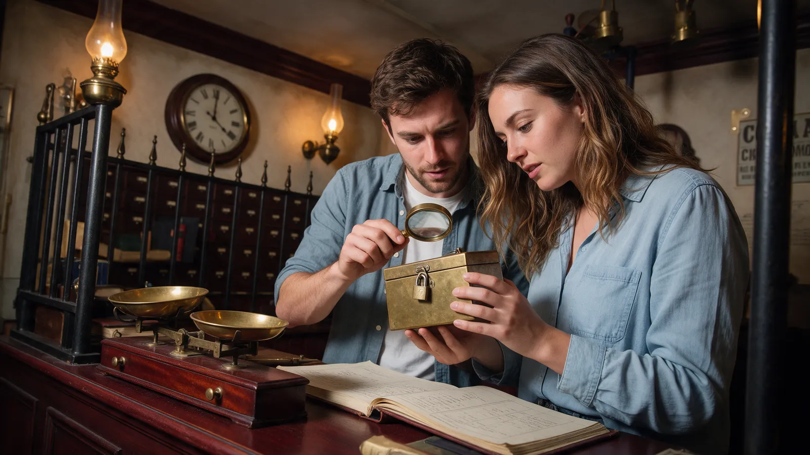 Inside the Victorian coal exchange room: a mahogany counter, brass scales and ledgers, a couple examining a locked brass cash box with a magnifying glass