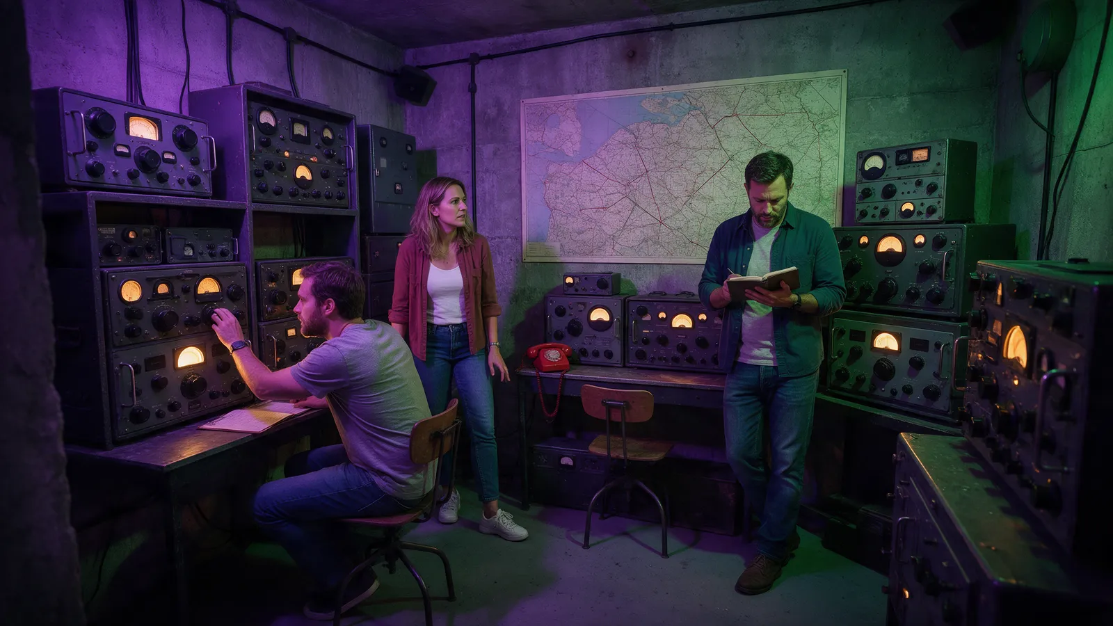 Inside the Cold War radio bunker room: concrete walls, banks of old radio sets with glowing dials, a wall map and a red telephone, three players tuning a dial