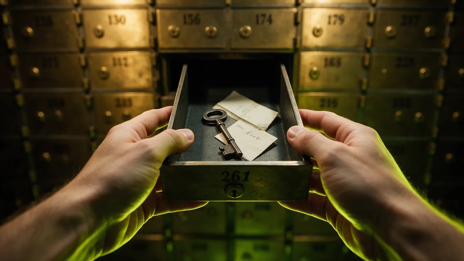 Inside the bank vault room: rows of brass safety deposit boxes, a hand opening one to reveal an old key and a folded note in green light