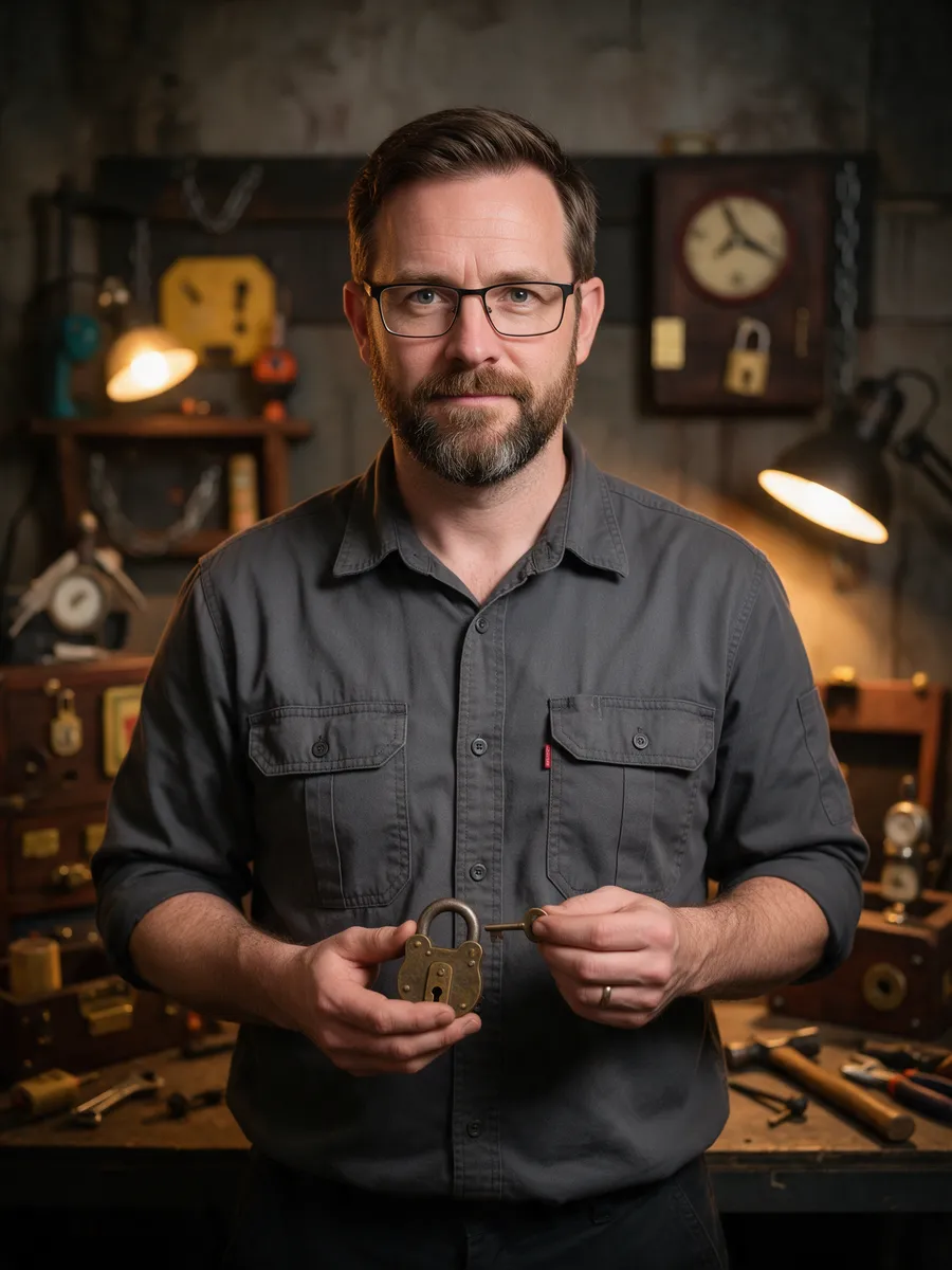 Ioan Bevan, a Welsh man in his early forties with a neat beard and glasses, holding an old brass padlock and key in a workshop full of escape room props