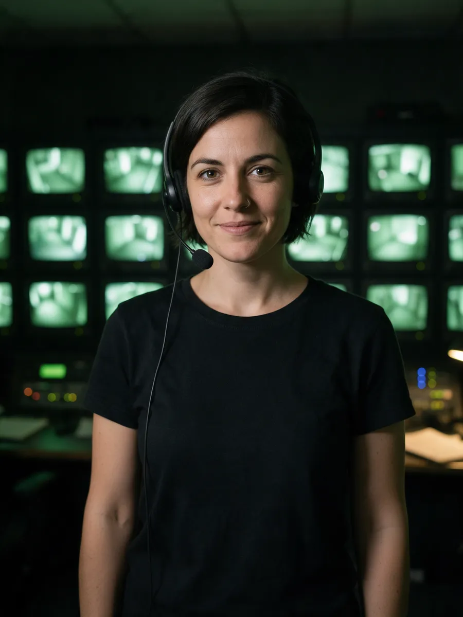 Mali Hughes, a woman in her early thirties with short dark hair and a nose ring, wearing a headset in front of a wall of CCTV monitors glowing green