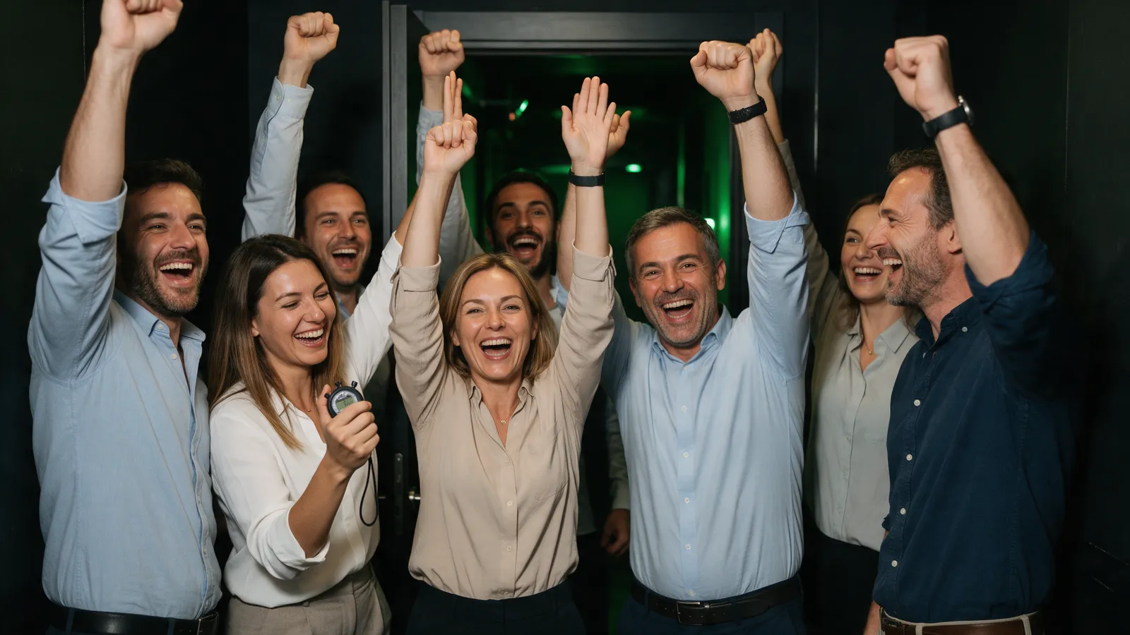 A group of office colleagues celebrating with raised arms outside an escape room door, one holding a stopwatch, green accent lighting