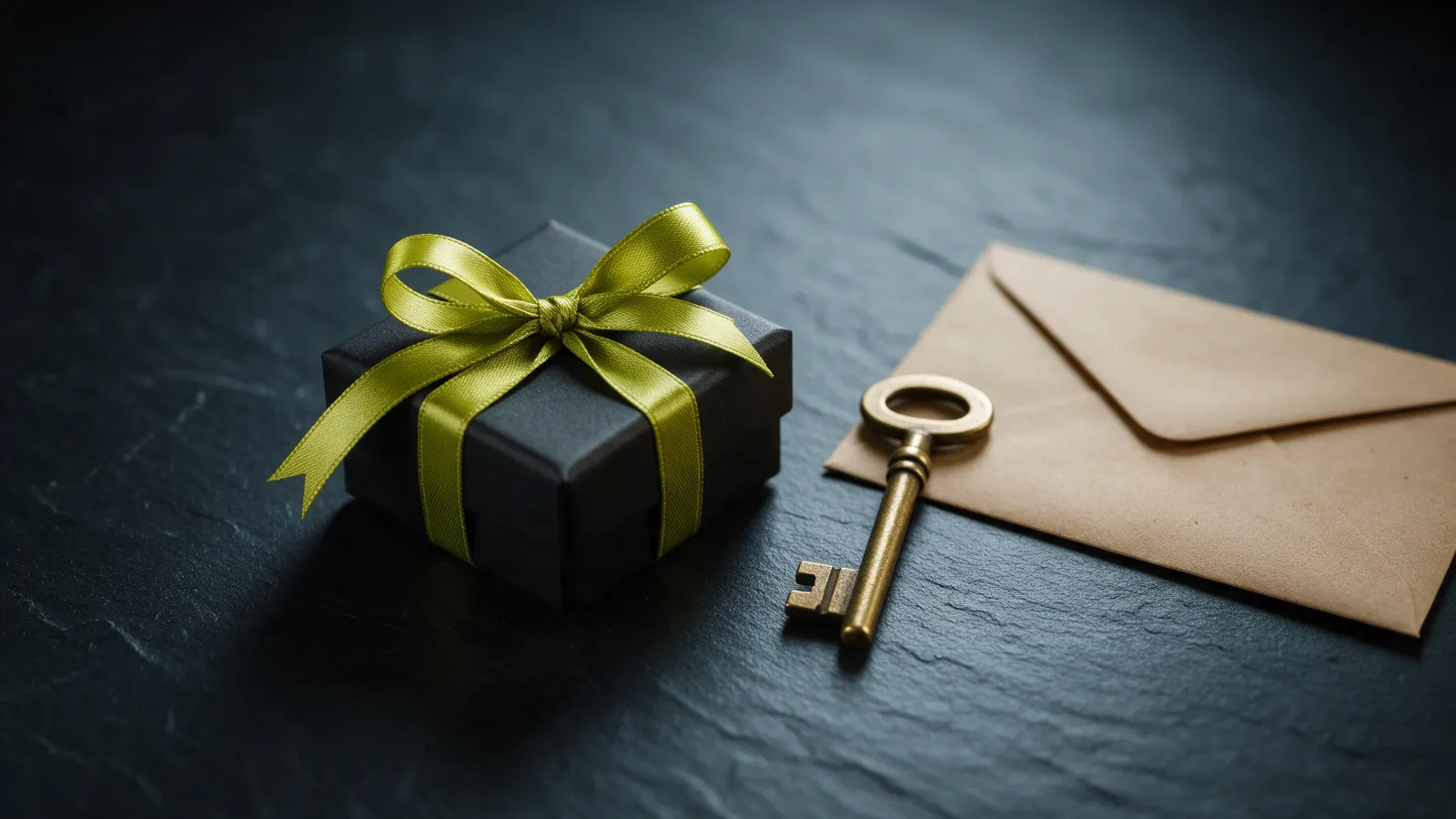 A small black gift box tied with an acid green ribbon on dark slate beside an old brass key and a sealed envelope