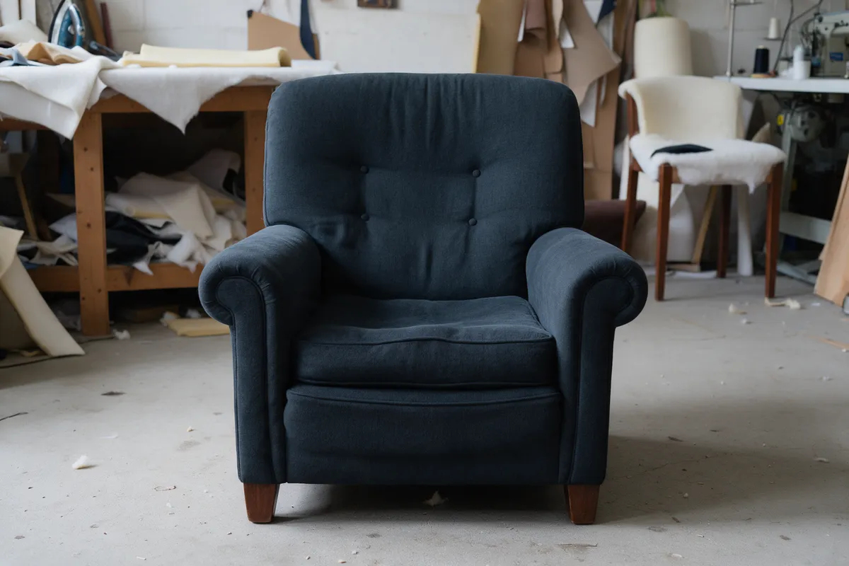 After: The same armchair after reupholstery in ink blue wool with a new seat cushion