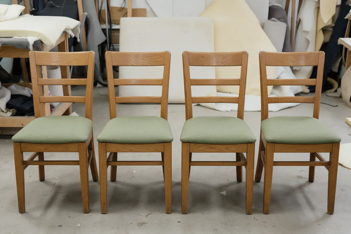 After: The same four oak dining chairs with new seat pads in sage green performance fabric