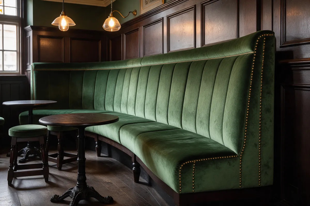 Curved banquette seating in deep green velvet with brass studding inside a restored Victorian pub