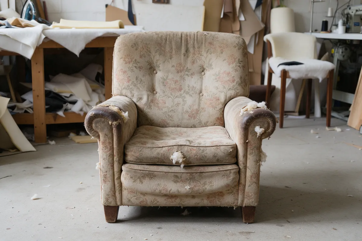 Before: a tired armchair with faded, sagging floral fabric and loose stuffing