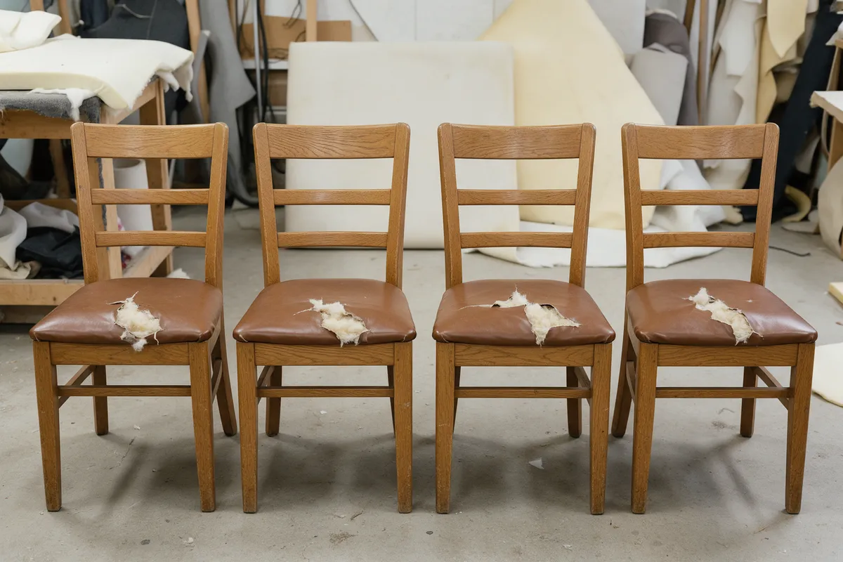 Before: four oak dining chairs with torn brown vinyl seat pads