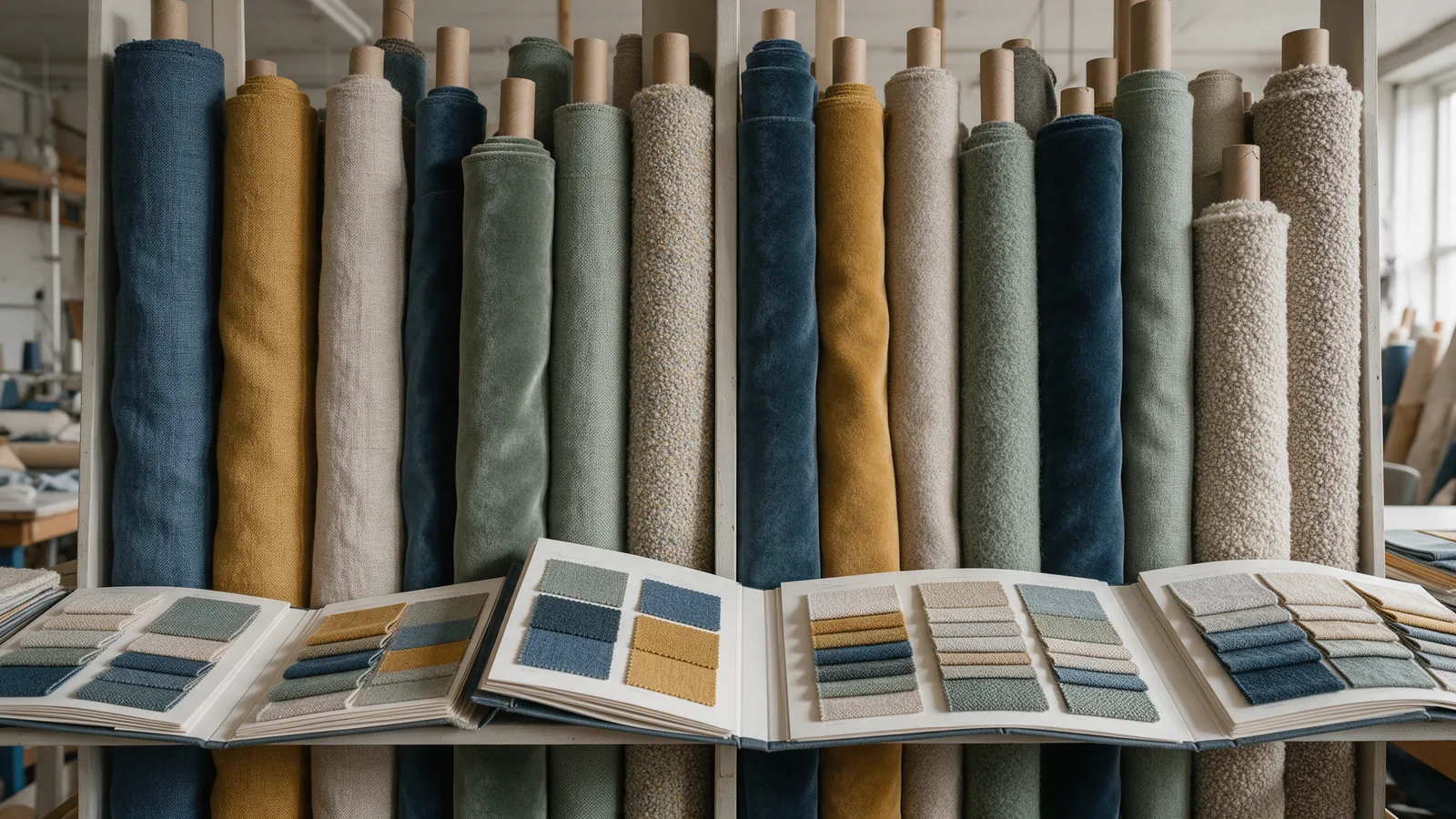 Rolls of linen, wool, velvet and bouclé fabric on the workshop shelves