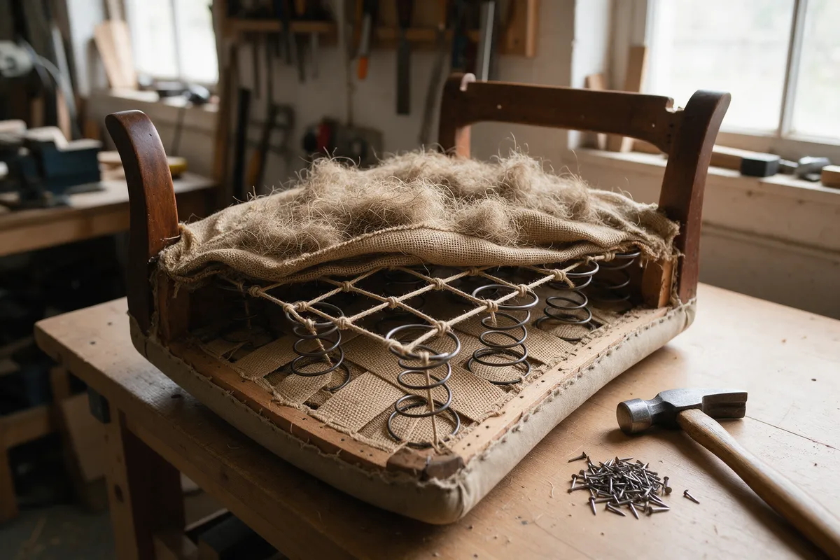A traditional sprung seat under restoration showing jute webbing, lashed coil springs and horsehair