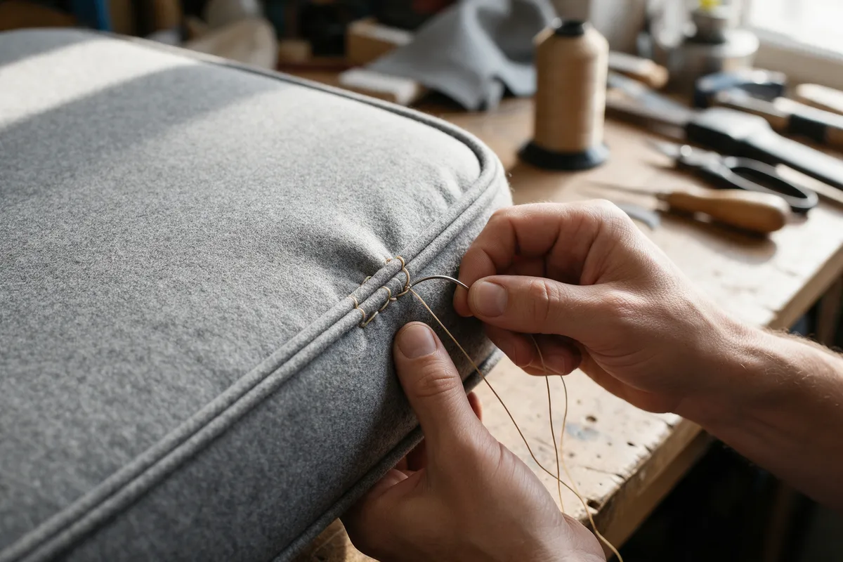 An upholsterer hand-stitching a piped edge on a wool seat cushion with a curved needle