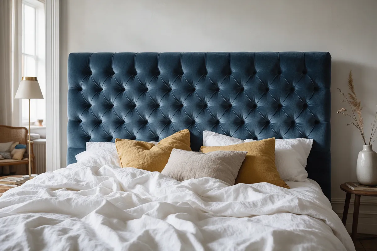 A deep-buttoned headboard in ink blue velvet in a calm bedroom with linen bedding