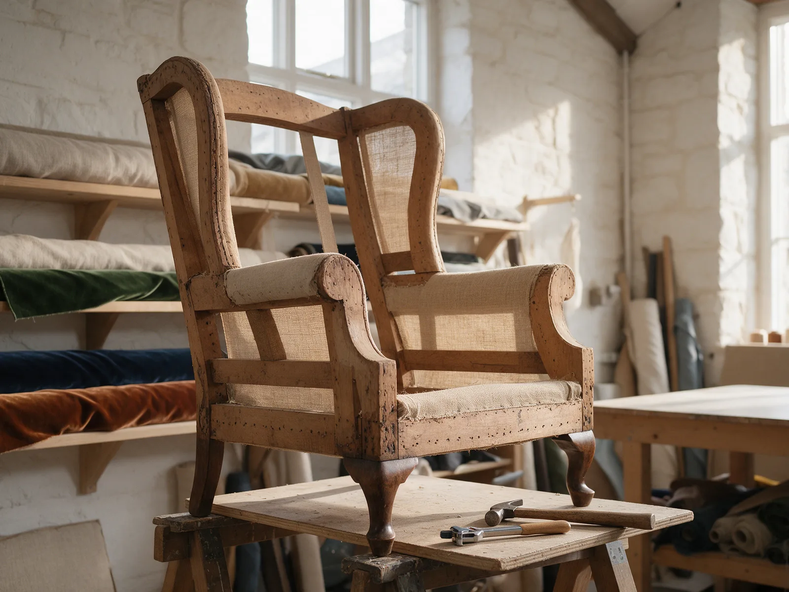 The Thread and Frame workshop in morning light: a wingback chair stripped to its frame on a trestle, rolls of fabric behind