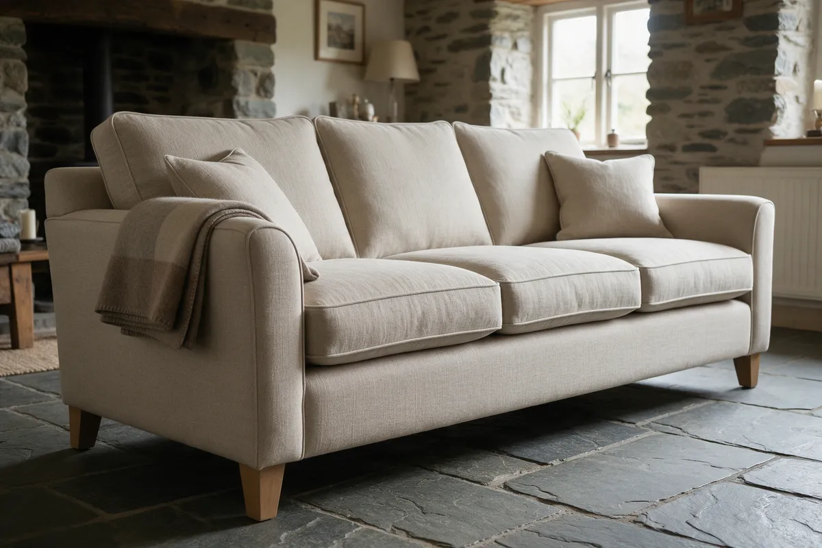 A three-seat sofa reupholstered in oatmeal linen in a stone cottage living room