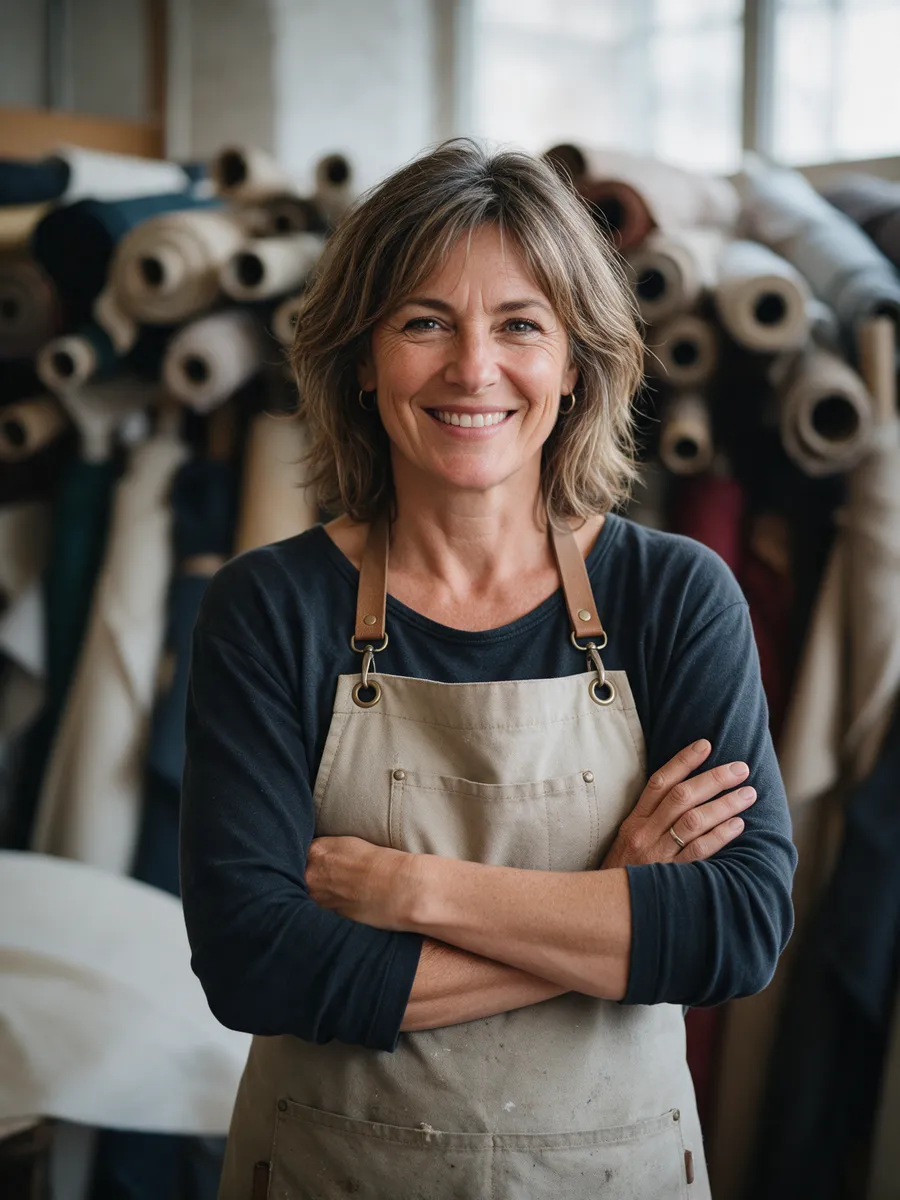 Eleri Vaughan, founder of Thread and Frame, standing in the workshop in a canvas apron