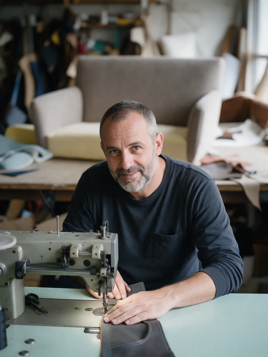 Gareth Pryce at the industrial sewing machine in the workshop