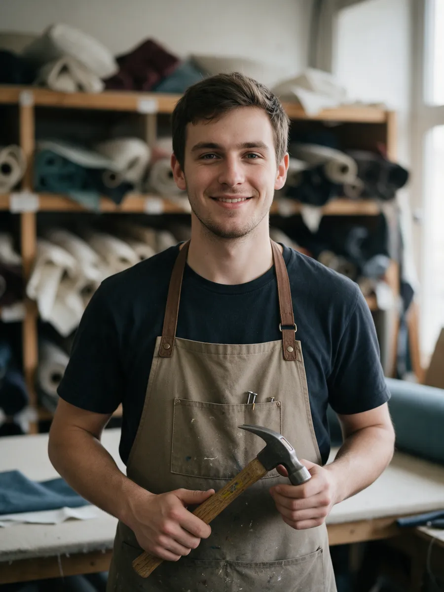 Rhys Morgan holding a magnetic tack hammer in the workshop