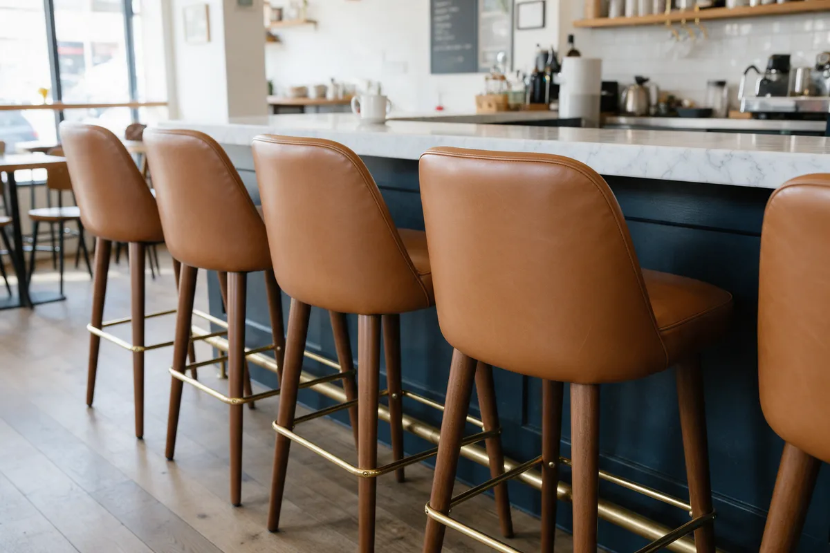 A row of tall bar stools reupholstered in tan leather at a marble café counter