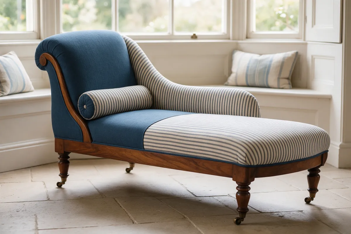 A Victorian chaise longue reupholstered in ink blue and natural striped ticking in a bay window