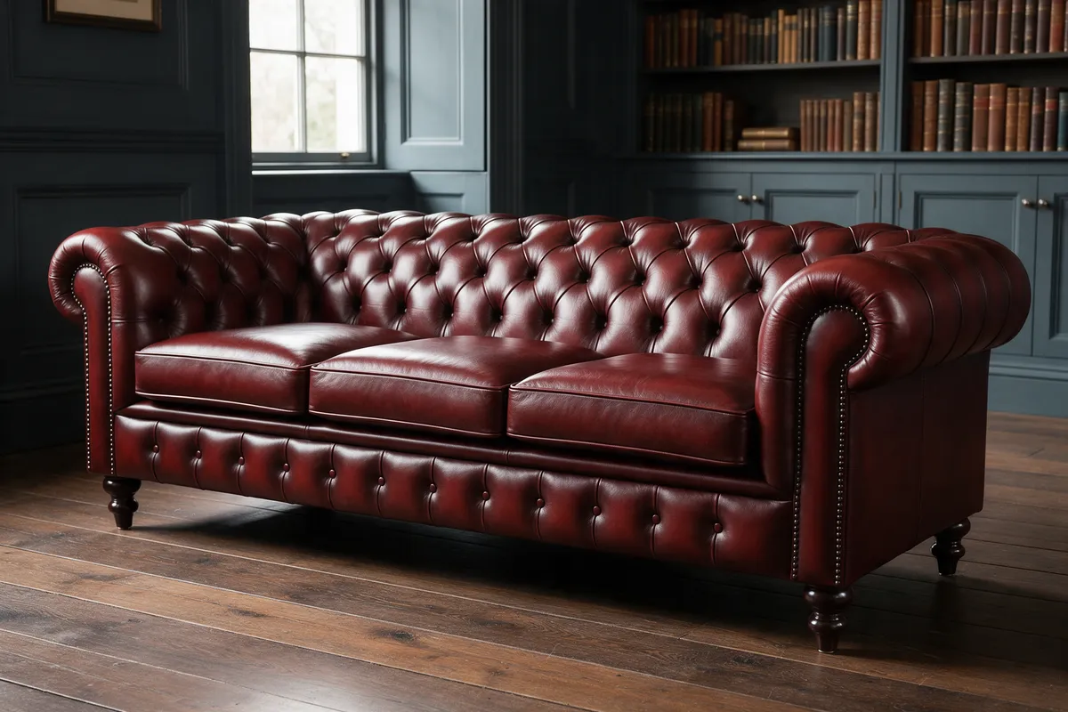 A restored Chesterfield sofa in deep-buttoned oxblood leather in a panelled study