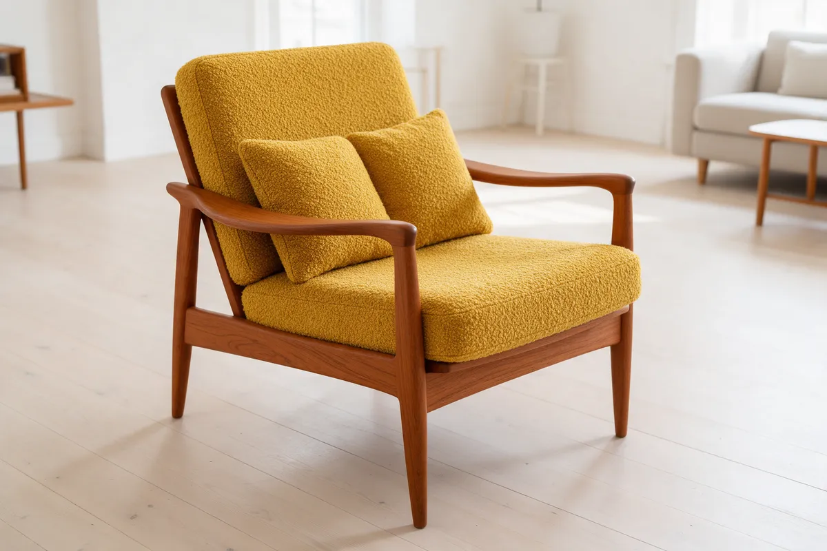 A mid-century Danish teak armchair recovered in mustard yellow bouclé