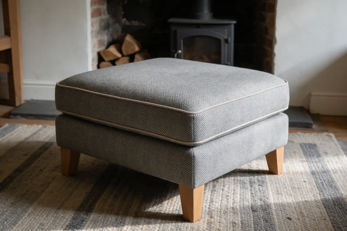 A large square ottoman footstool in grey herringbone wool with oak legs in front of a wood burner