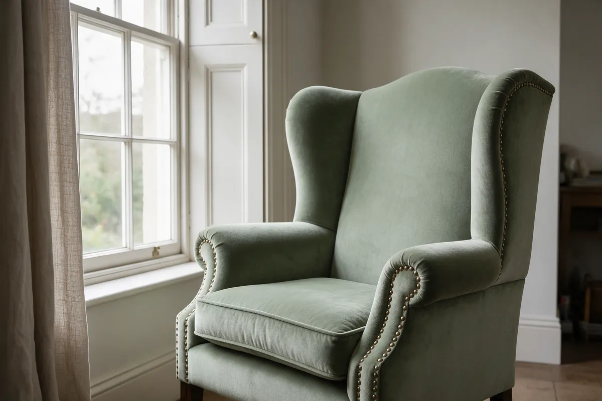 A Georgian wing armchair reupholstered in sage green velvet beside a sash window