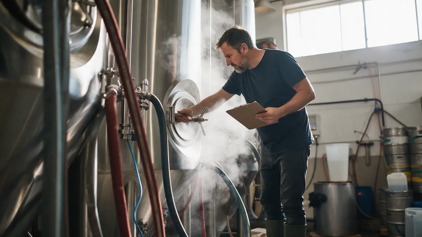 A head brewer in a dark t-shirt checking a stainless steel fermenter in a small brewery, holding a clipboard, steam and hoses