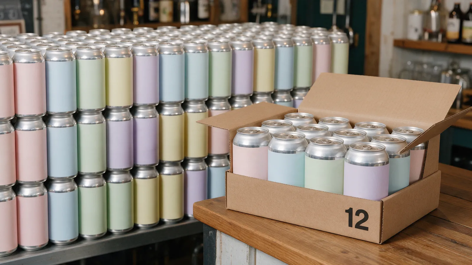 Rows of 440ml beer cans with plain pastel labels on a cold shelf in a small brewery shop, a box of twelve being packed on a wooden counter