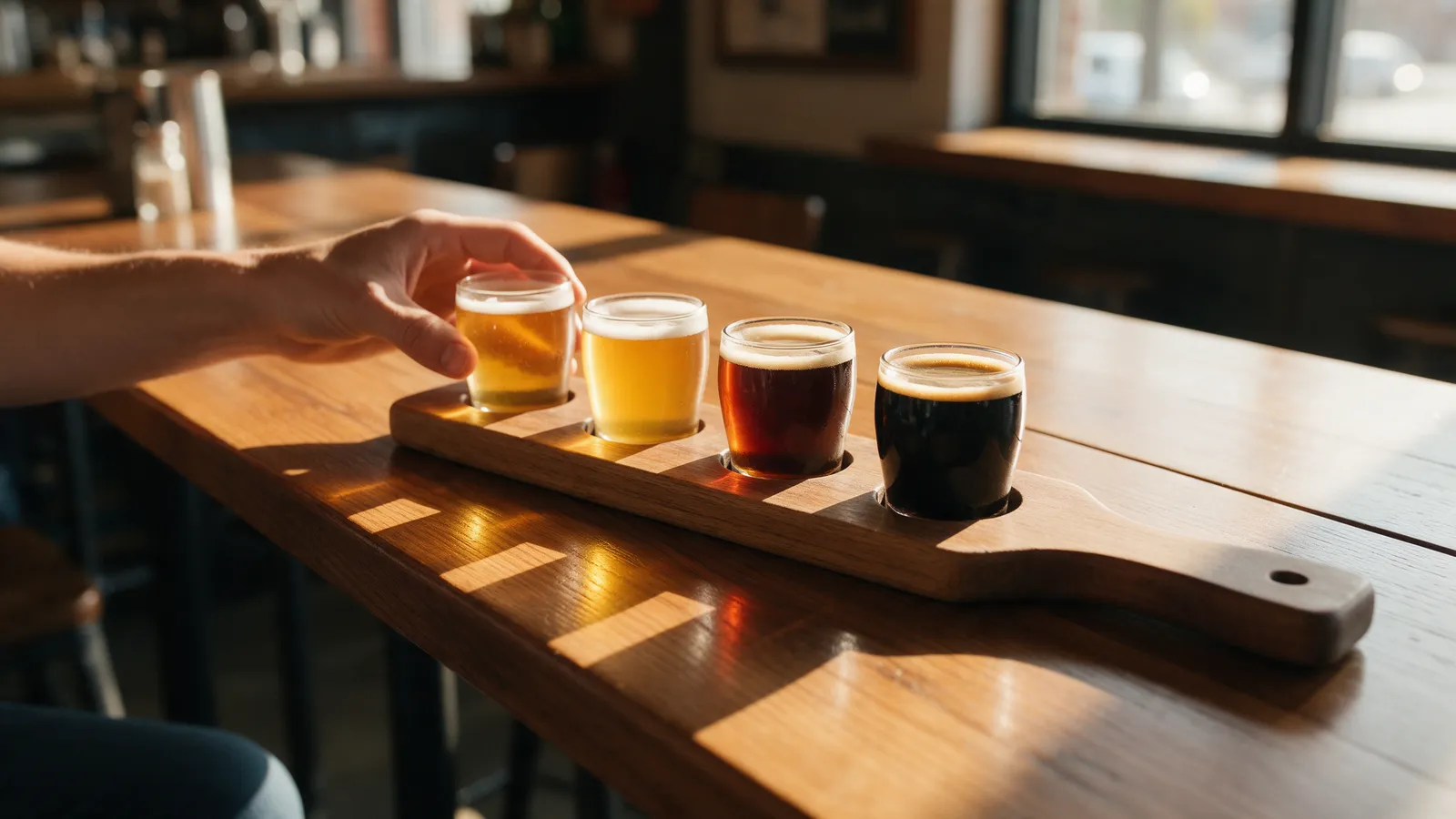 A flight of four small tasting glasses of beer on a wooden paddle, from pale gold to black, on a long taproom table