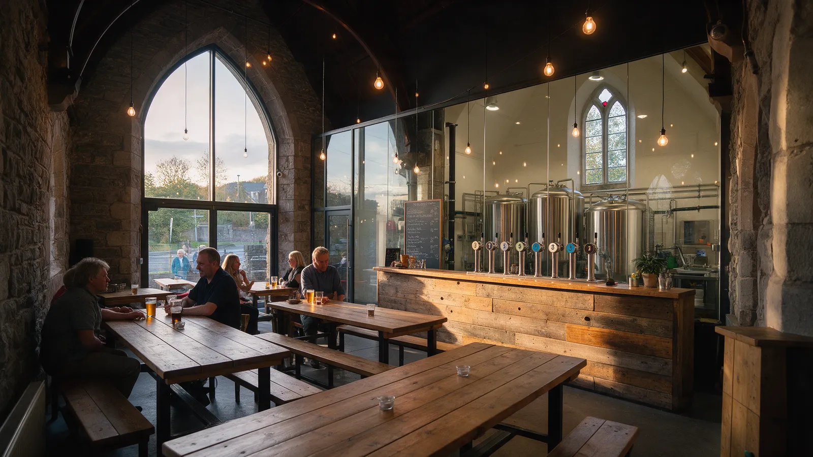 The inside of a brewery taproom in a converted stone chapel: long wooden tables, a reclaimed-timber bar with numbered taps, a chalkboard and stainless tanks behind a glass wall