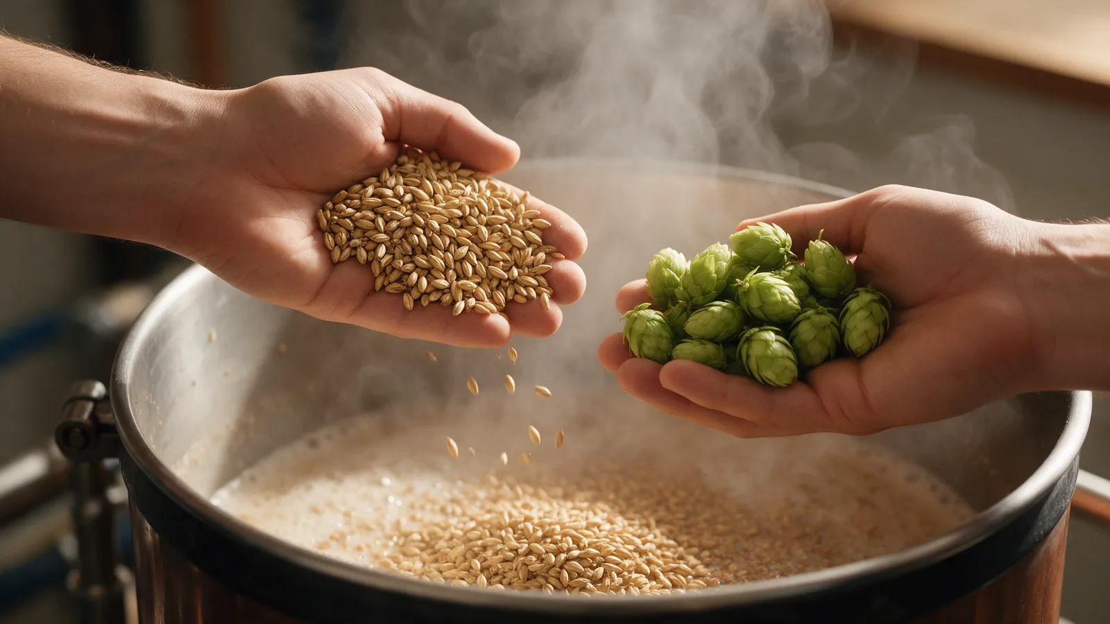 Hands holding malted barley and green hop cones over a brewing mash tun with steam rising
