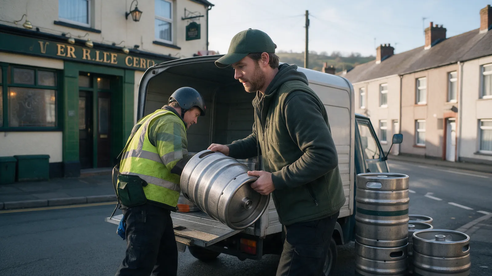 A stainless steel keg being rolled onto a small van by a delivery driver outside a pub on a Welsh valleys terraced street