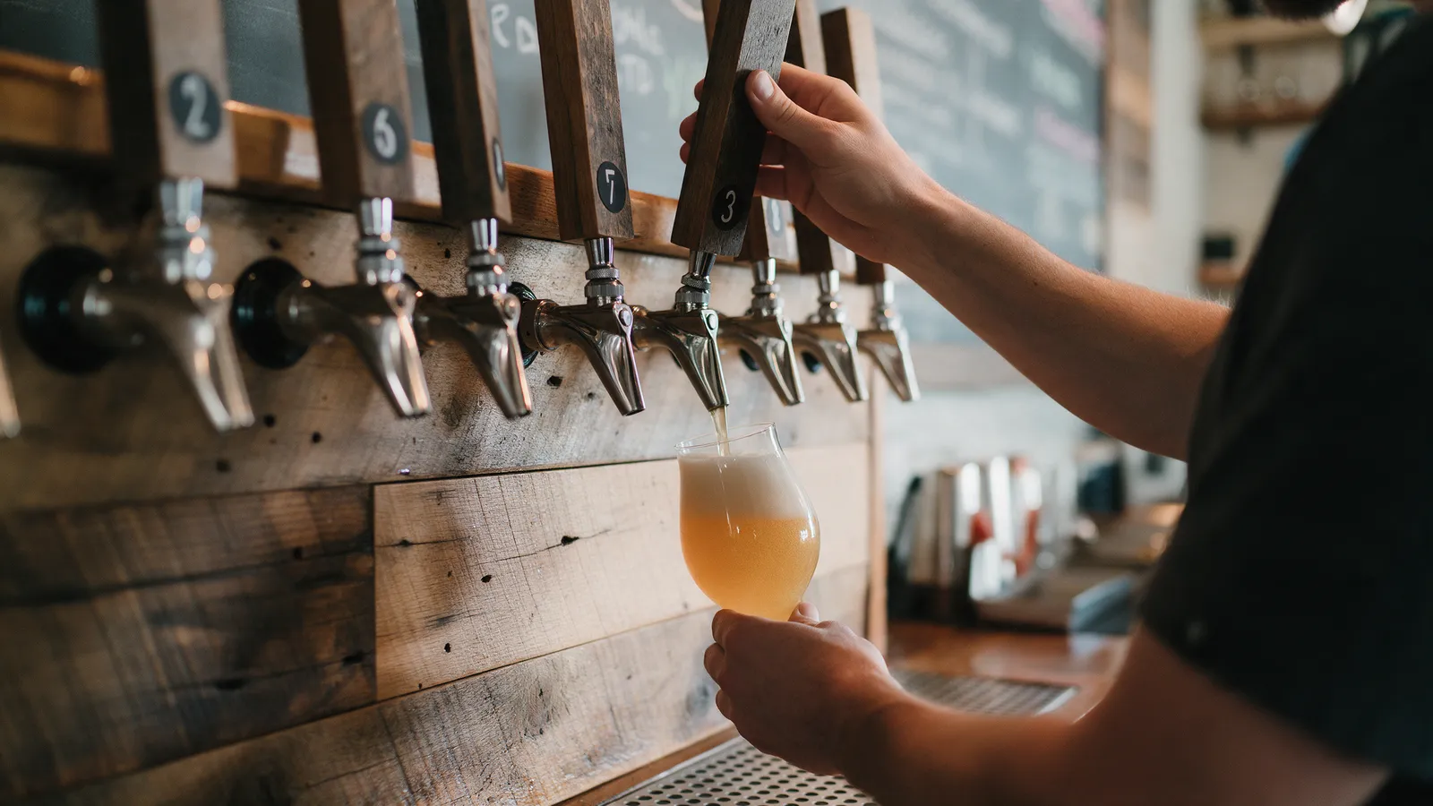 Close-up of a bartender pouring a hazy pale ale from a numbered tap into a stemmed glass at a taproom bar made of reclaimed timber