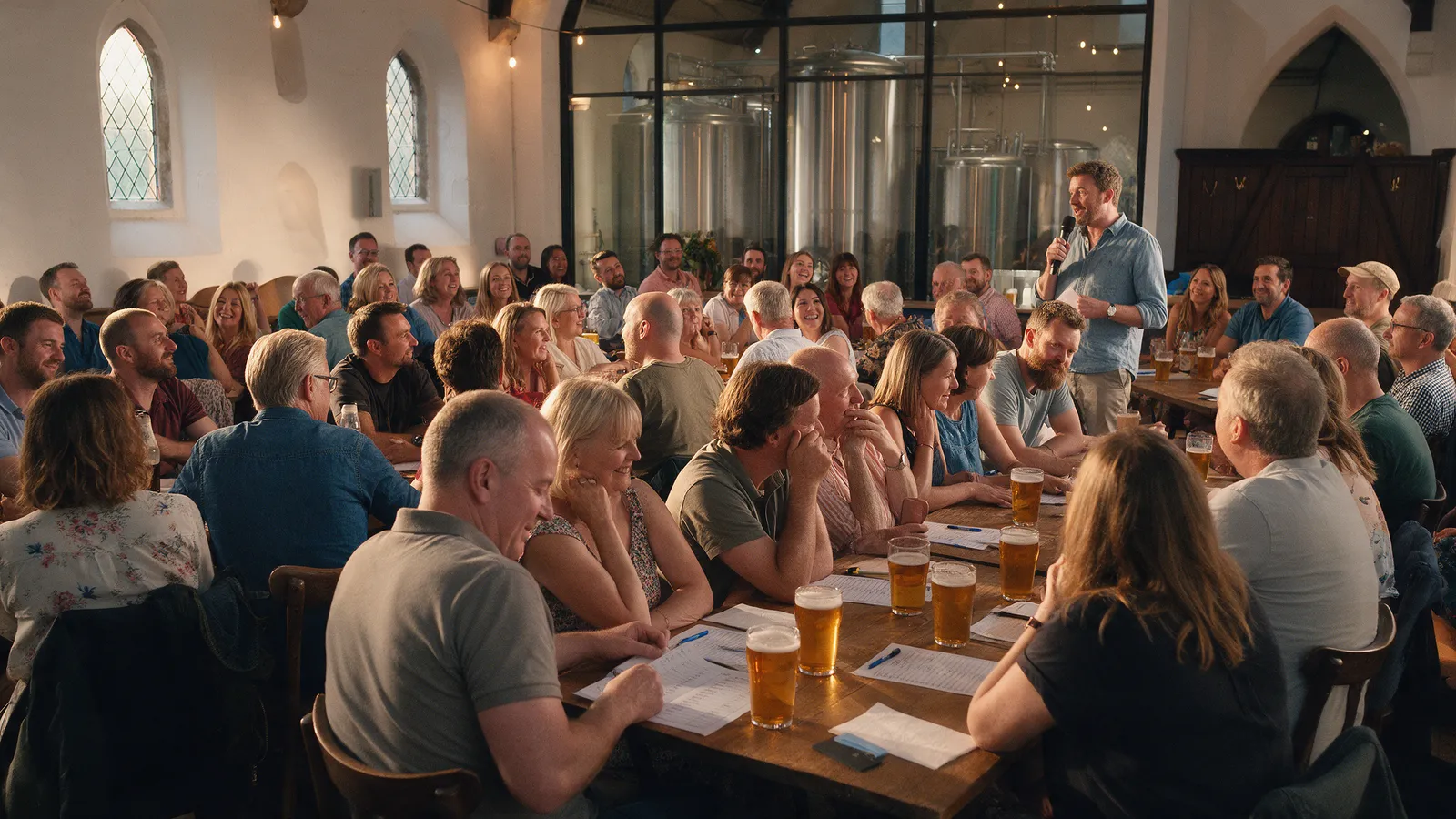 A taproom quiz night: about thirty people at long wooden tables in a converted chapel, a quizmaster with a microphone, pints and answer sheets