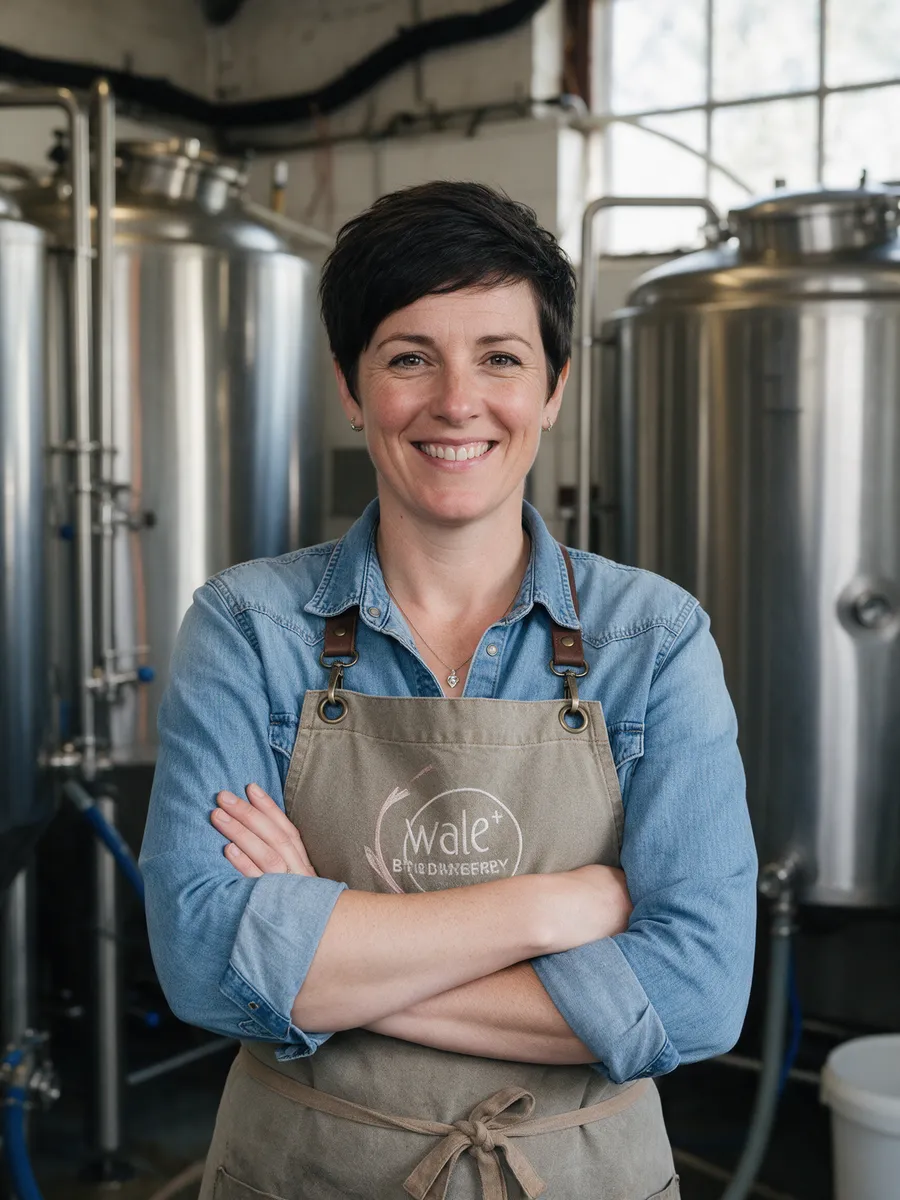 Catrin Morgan, a Welsh woman in her late thirties with short dark hair, in a denim shirt and canvas apron, arms folded, smiling in front of stainless steel brewing tanks