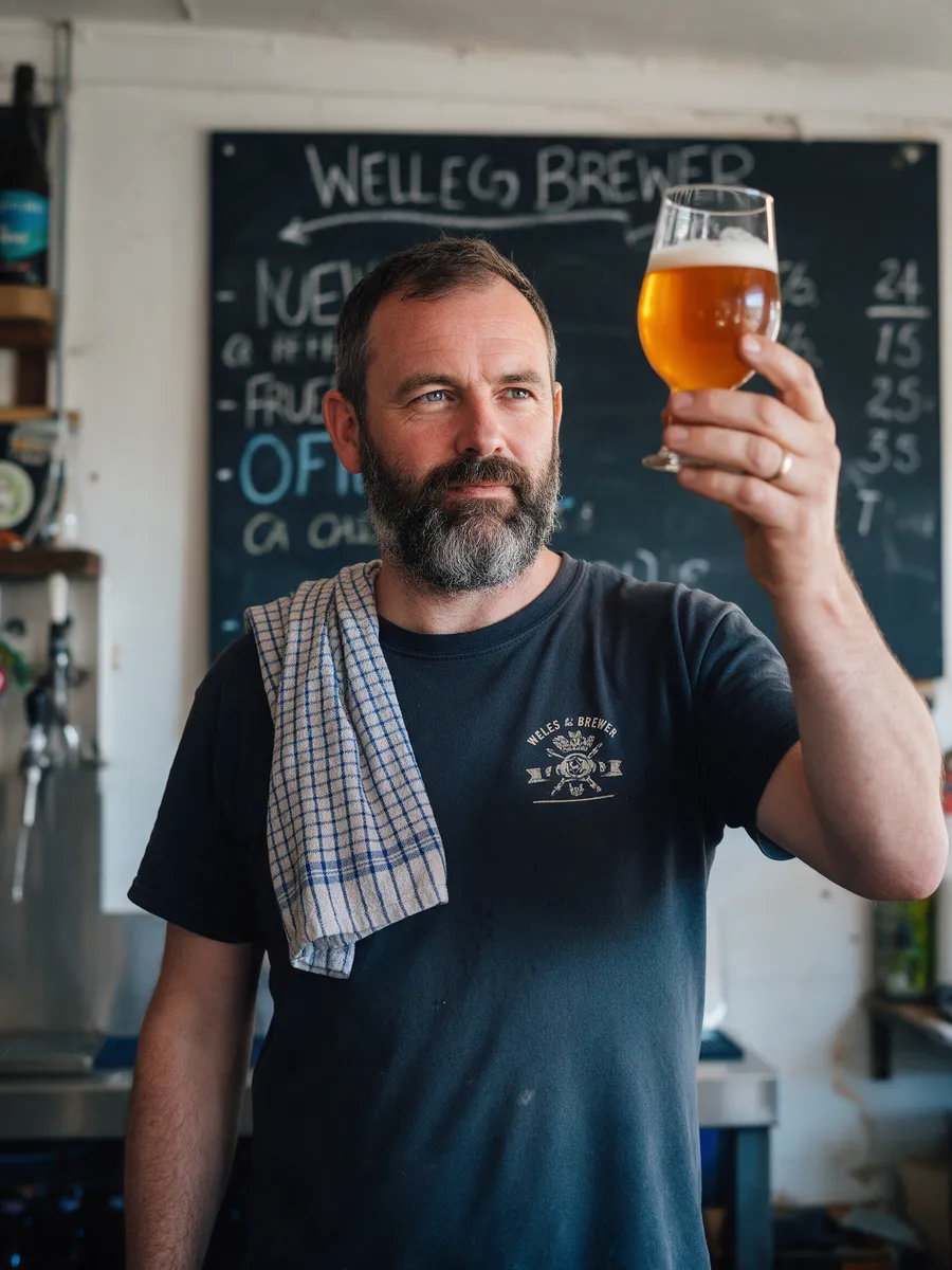 Dafydd Rees, a Welsh man in his mid-forties with a grey-flecked beard, in a dark t-shirt with a bar towel over his shoulder, holding a glass of amber beer up to the light in a taproom