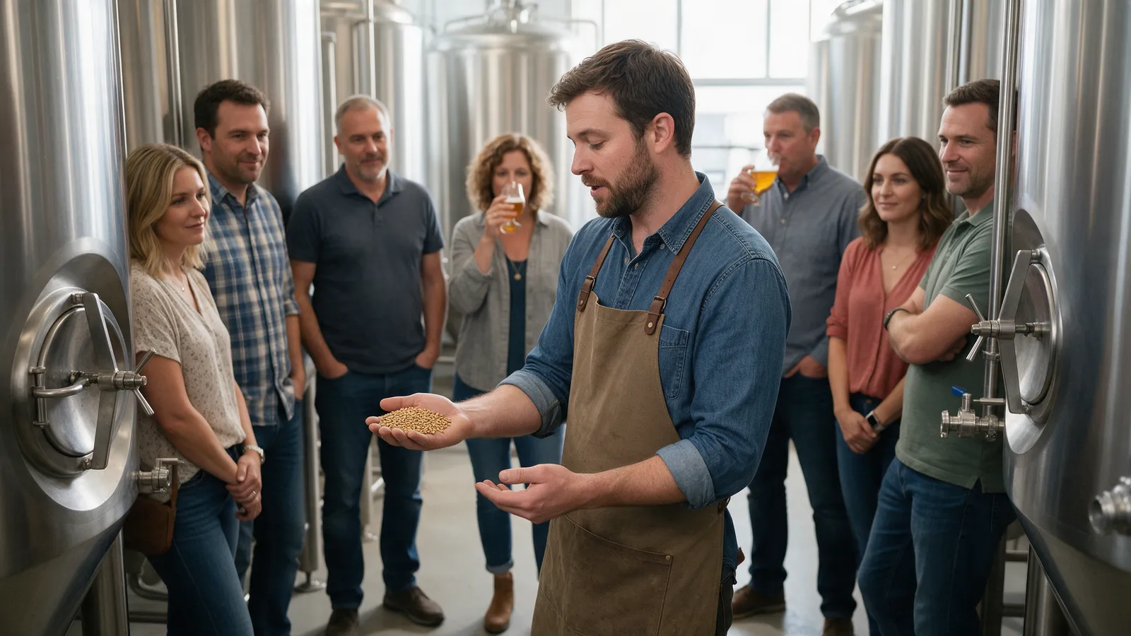A small group on a brewery tour standing between stainless steel tanks while a brewer in an apron explains, holding a handful of malted barley
